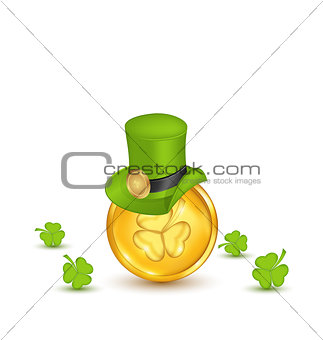 Background with hat, clovers and coins in saint Patrick Day