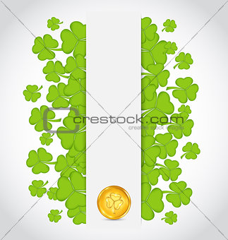 Celebration card with clovers and golden coins for St. Patrick's