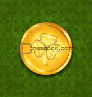 Golden coin with three leaves clover. Grunge St. Patrick's backg
