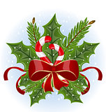 Christmas holly berry branches and bow isolated - vector