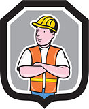 Construction Worker Arms Crossed Shield Cartoon