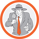Detective Holding Magnifying Glass Circle Retro