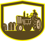 Farmer Driving Tractor Plowing Farm Shield Retro