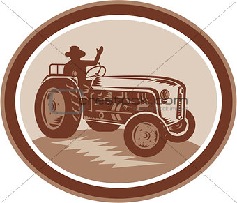 Vintage Farm Tractor Driver Waving Circle Retro