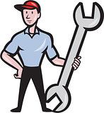 Mechanic Hold Spanner Wrench Cartoon