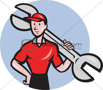 Mechanic Hold Spanner On Shoulder Circle Cartoon