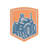 Metallic Farmer Driving Tractor Plowing Farm Shield Retro