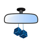 Car mirror with pair of blue dices
