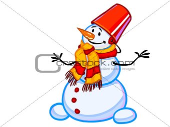  illustration of friendly snowman in a bucket and scarf