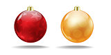 Red and orange Christmas balls with a translucent pattern.