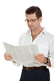 attractive adult businessman reading newspaper isolated