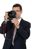 adult man photographer with digital camera dslr isolated
