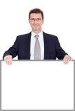 mature smiling businessman holding billboard copyspace isolated