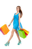 attractive young woman with colorful shopping bags isolated