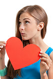 smiling young woman and red heart love valentines day 
