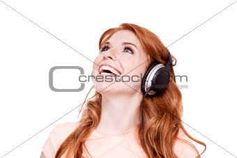 attractive happy woman with headphones listen to music isolated