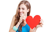 smiling young woman and red heart love valentines day 