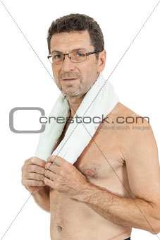 smiling mature sporty man with towel fittness sport health isolated