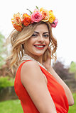 beautiful woman portrait outdoor with colorful flowers