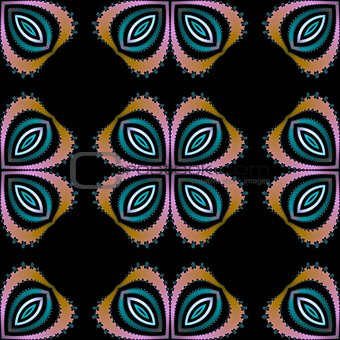 Seamless fractal pattern with flowers on a black background