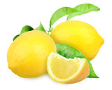 Fresh yellow lemons with green leaf