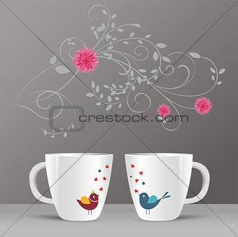 cup, flower and bird