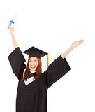 happy Graduate woman Holding Degree and isolated on white