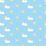 Seamless summer vector pattern, tile background or texture with yellow sun and white clouds on blue sky background