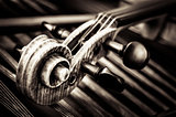 Detail of violin head with string background