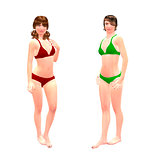 3d girls in red and green bikini