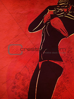 Bikini silhouette on grunge red background