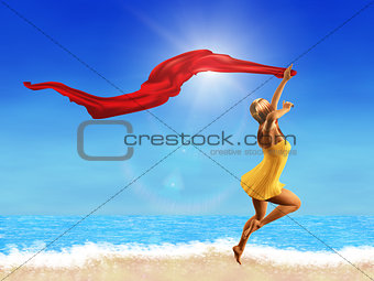 Woman with red scarf on the beach