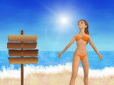 Girl on beach and signboard