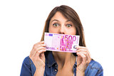 Woman holding some Euro currency notes