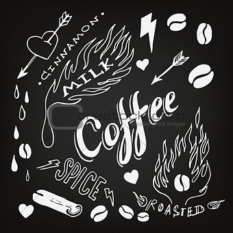 Set of hand drawn coffee theme elements, vector illustration
