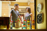 Happy people with couple at window store and shopping