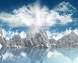 3D render of a mountain range against a sunny sky