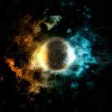 Space background with fire and ice planet