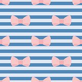 Tile vector pattern with pink bows on sailor blue stripes background