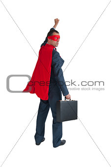 superhero businessman fist pumping on white 