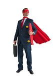superhero businessman holding a skateboard isolated