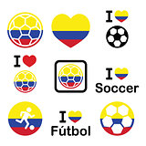 I love Colombian football, soccer icons set