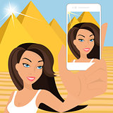 Vector illustration of tanned woman is taking a self snapshot.