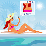 Vector illustration of redhair girl taking a self snapshot on the beach.