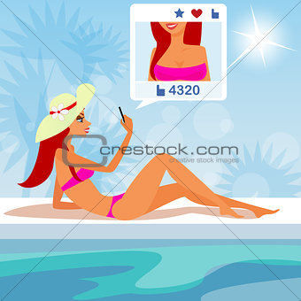 Vector illustration of redhair girl taking a self snapshot on the beach.