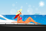 Vector illustration of redhair girl is sunbathing on the yacht.