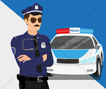 Policeman wearing sunglasses and police car.