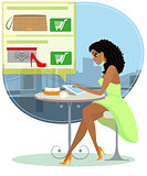 Pretty blackhair woman sitting alone in the cafe and doing shopping online.