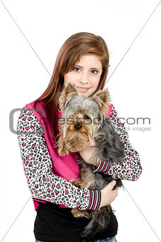 smiling young girl with her pet yorkshire