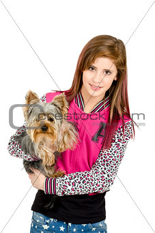 smiling young girl with her pet yorkshire